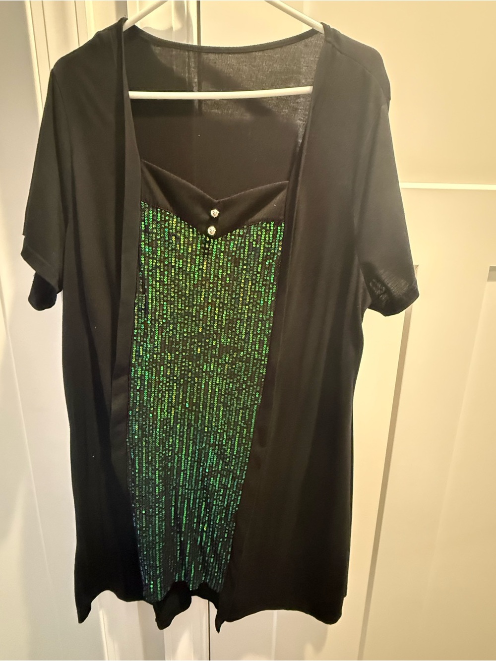 Black Short Sleeve Top with Green Sequin Panel 3X